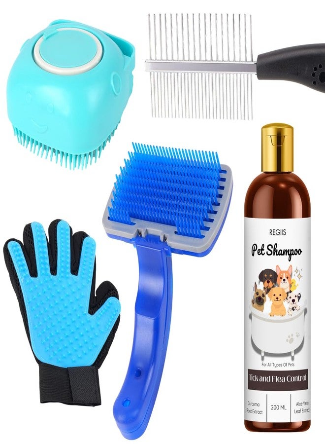 مجموعة العناية بالحيوانات الأليفة مع شامبو، وفرشاة تنظيف ذاتية، وقفاز لإزالة الشعر الزائد، ومشط للحيوانات الأليفة، ومستحضر لمكافحة القراد والبراغيث، 200 مل (عبوة من 5 قطع) - Image 1